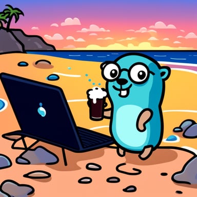 Go Blue Gopher drinking beer at the beach coding.
