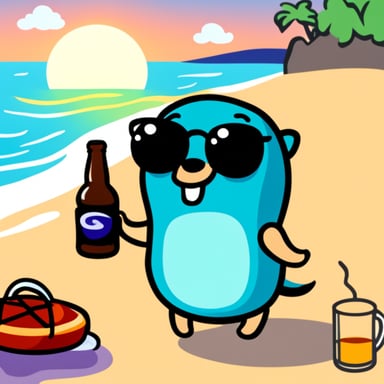 Go Blue Gopher drinking beer at the beach coding.