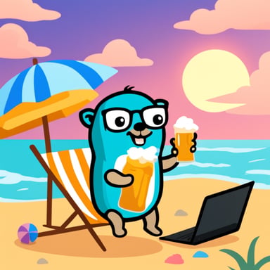 Go Blue Gopher drinking beer at the beach coding.