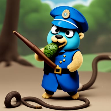 Go Blue Gopher dressed in a military uniform fights a snake.