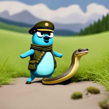 Go Blue Gopher, dressed in a military uniform, fights a snake.