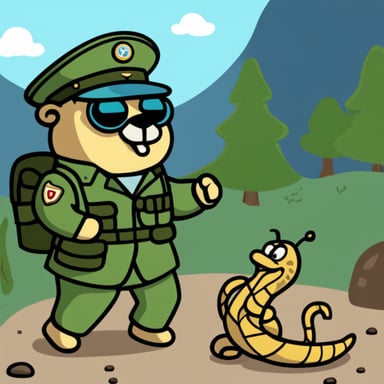 Go Blue Gopher, dressed in a military uniform, fights a snake.