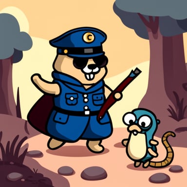 Go Blue Gopher, dressed in a military uniform, fights a snake.
