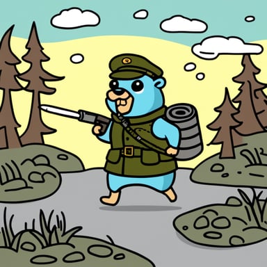 Go Blue Gopher, dressed in a military uniform, fights a snake.