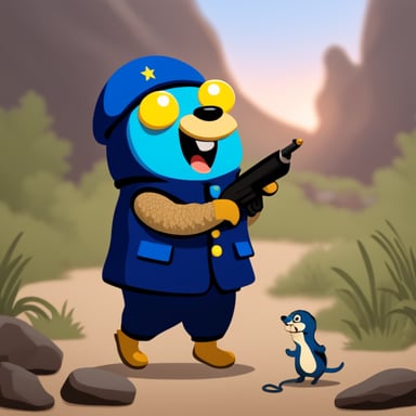 Go Blue Gopher, dressed in a military uniform, fights a snake.