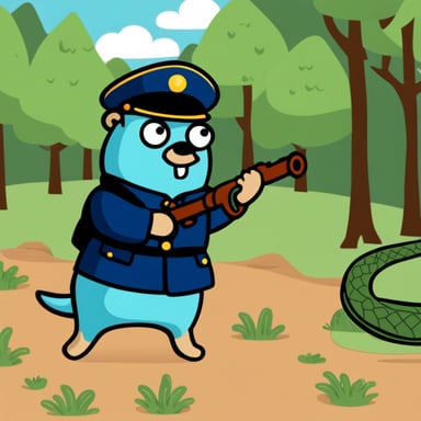 Go Blue Gopher, dressed in a military uniform, fights a snake.