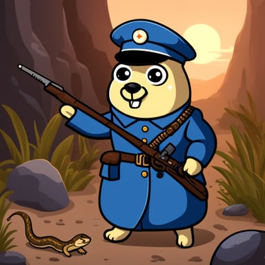 Go Blue Gopher, dressed in a military uniform, fights a snake.