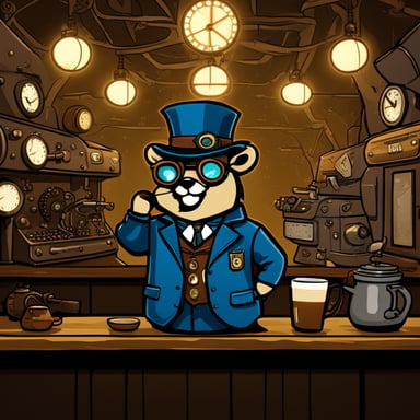 Go blue gopher drinking coffee in front of a terminal in a steampunk setting.