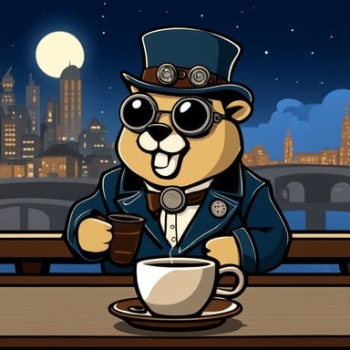 Go blue gopher drinking coffee in front of a terminal in a steampunk setting.