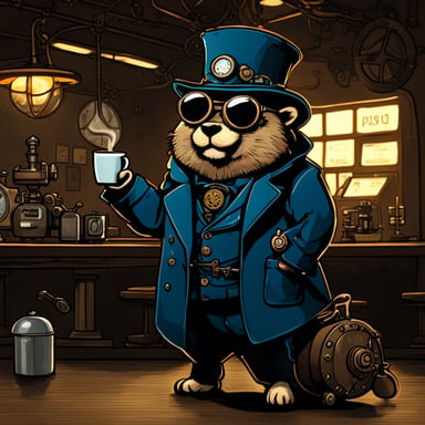 Go blue gopher drinking coffee in front of a terminal in a steampunk setting.