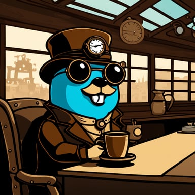Go blue gopher drinking coffee in front of a terminal in a steampunk setting.