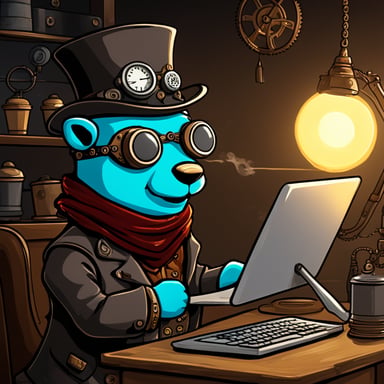 Go blue gopher drinks coffee in front of a computer in a steampunk setting.