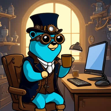 Go blue gopher drinks coffee in front of a computer in a steampunk setting.