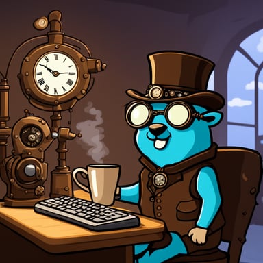 Go blue gopher drinks coffee in front of a computer in a steampunk setting.