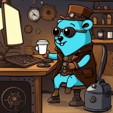 Go blue gopher drinks coffee in front of a computer in a steampunk setting.