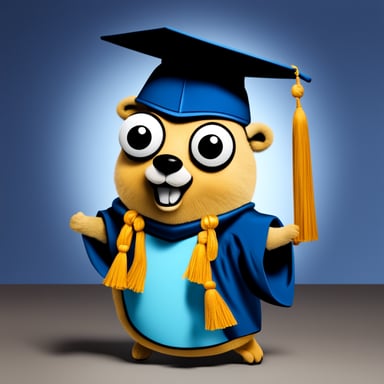A go blue gopher wearing a graduation cap, celebrating academic achievement.