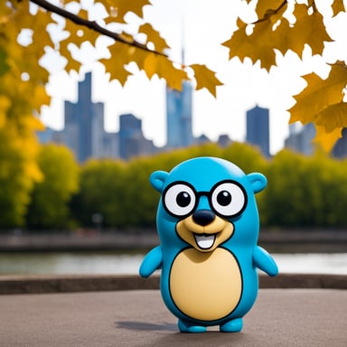 Ecstatic intellectual Go Blue Gopher in front of Frankfurt skyline.