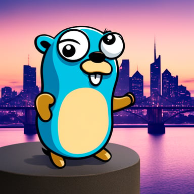 Ecstatic intellectual Go Blue Gopher in front of Frankfurt skyline.