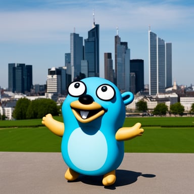 Ecstatic intellectual Go Blue Gopher in front of Frankfurt skyline.