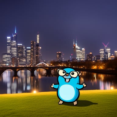 Ecstatic intellectual Go Blue Gopher in front of Frankfurt skyline.