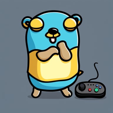 Go Blue Gopher playing video games, balding head.