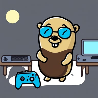 Go Blue Gopher playing video games, balding head.