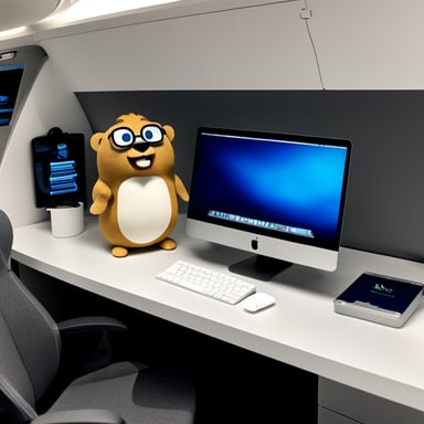 Go Blue Gopher, sitting at a white desk with a gray keyboard and white trackpad, with one gray MacBook and one external ultrawide monitor in front of him. AirPods on, he sits below an airplane model.
