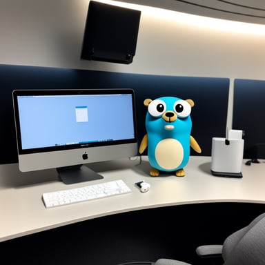 Go Blue Gopher, sitting at a white desk with a gray keyboard and white trackpad, with one gray MacBook and one external ultrawide monitor in front of him. AirPods on, he sits below an airplane model.