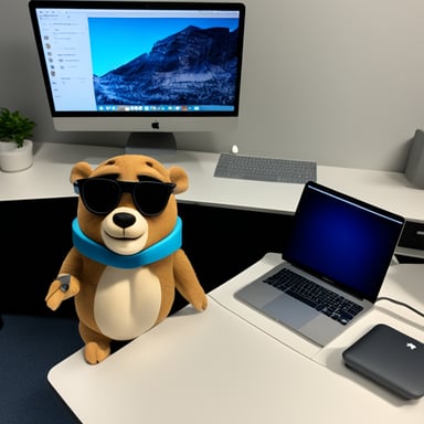 Go Blue Gopher, sitting at a white desk with a gray keyboard and white trackpad, with one gray MacBook and one external ultrawide monitor in front of him. AirPods on, he sits below an airplane model.