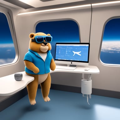 Go Blue Gopher, sitting at a white desk with a gray keyboard and white trackpad, with one gray MacBook and one external ultrawide monitor in front of him. AirPods on, he sits below an airplane model.