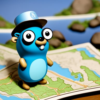 A go blue gopher, fueled by wanderlust, stands before a map, eyeing dream destinations.