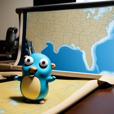 A go blue gopher, fueled by wanderlust, stands before a map, eyeing dream destinations.