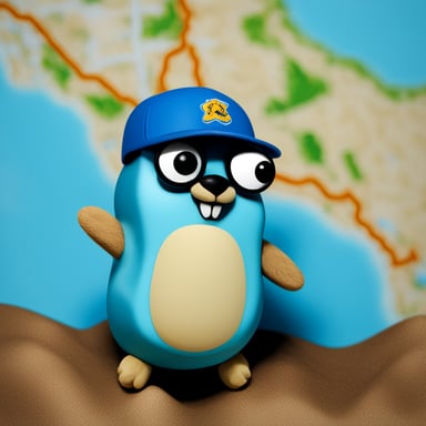 A go blue gopher, fueled by wanderlust, stands before a map, eyeing dream destinations.