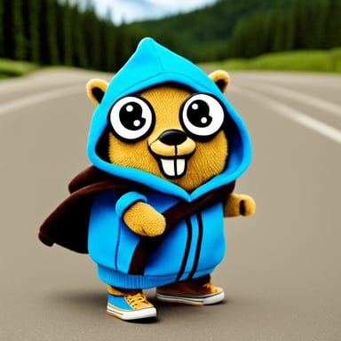 Go Blue Gopher, wearing sneakers and a hoodie, is ready for adventure.