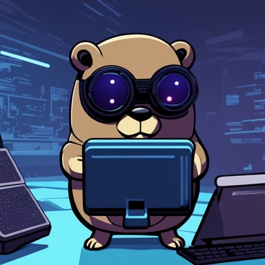 Cyberpunk Go Blue Gopher marvelously holding a detached piece of code from a computer.