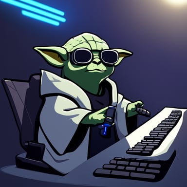 Cyberpunk Yoda as Go Blue Gopher holding a keyboard.