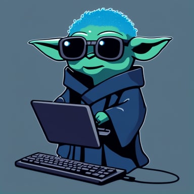 Cyberpunk Yoda as Go Blue Gopher holding a keyboard.