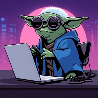 Cyberpunk Yoda as Go Blue Gopher holding a keyboard.