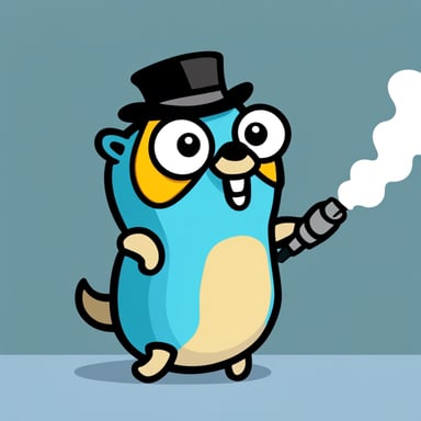 A go blue gopher holding a big pen in its mouth with smoke coming out of it.