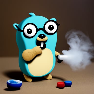 A go blue gopher holding a big pen in its mouth with smoke coming out of it.
