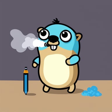 A go blue gopher holding a big pen in its mouth with smoke coming out of it.