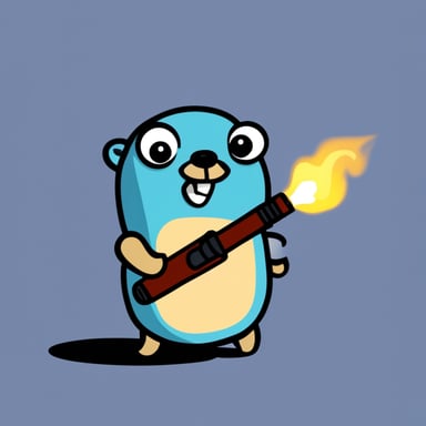 A go blue gopher holding a big pen in its mouth with smoke coming out of it.