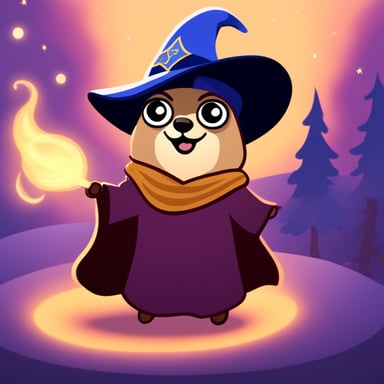 Wearing a wizard hat, Go Blue Gopher casts a spell.