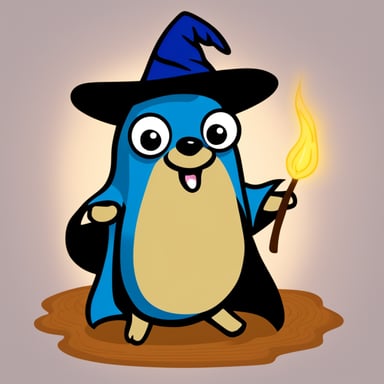 Wearing a wizard hat, Go Blue Gopher casts a spell.