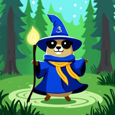Wearing a wizard hat, Go Blue Gopher casts a spell.