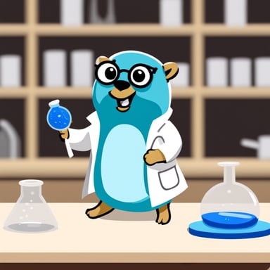 A go blue gopher wearing a lab coat, conducting fun experiments.