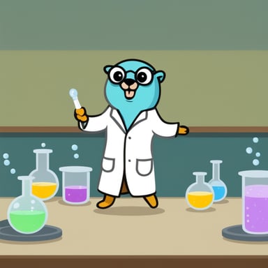 A go blue gopher wearing a lab coat, conducting fun experiments.