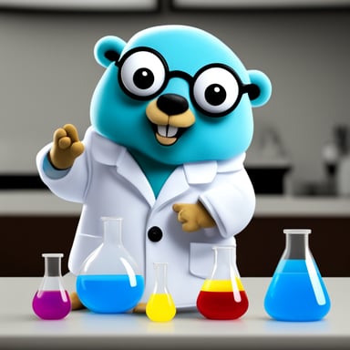 A go blue gopher wearing a lab coat, conducting fun experiments.