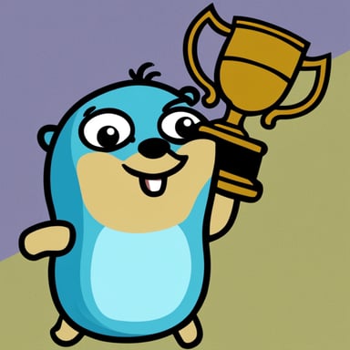 A go blue gopher feeling triumphant, raising a trophy high after a big win.