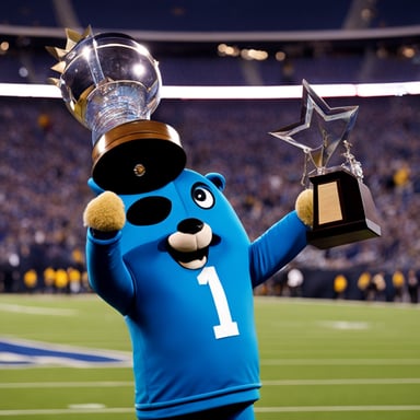 A go blue gopher feeling triumphant, raising a trophy high after a big win.